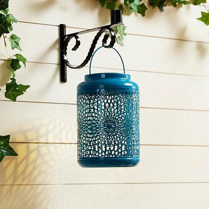 Glitzhome Solar Lantern Blue Metal Cutout Scrollwork Outdoor Hanging Solar Light with Handle for Garden Patio Yard Outdoor Decor by GreenHaven Gardens