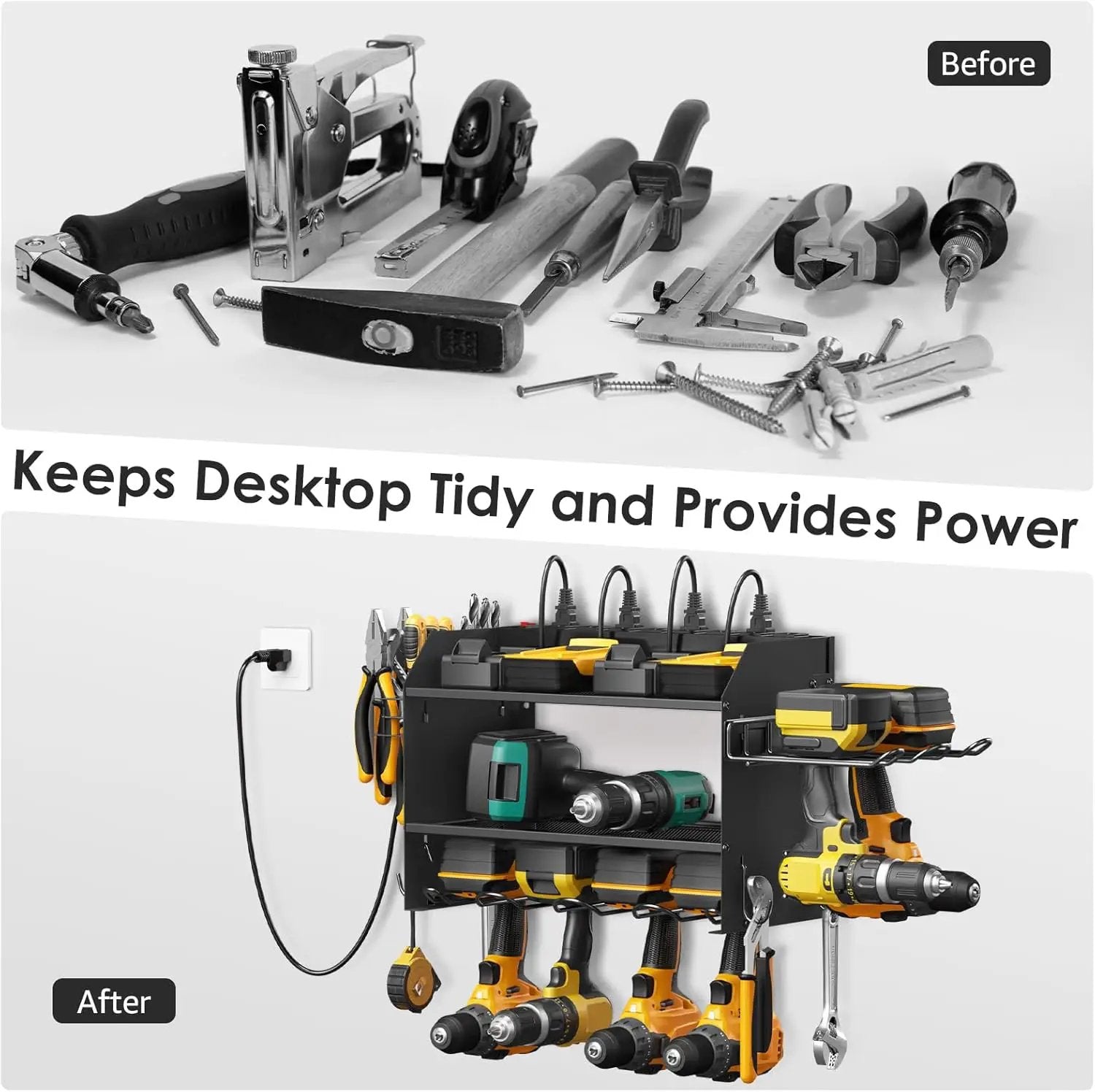 CCCEI Modular Power Tool Organizer Wall Mount Charging Station, Black 6 Drills Holder with 8 Plug Power Strip 10FT, Garage Drill Battery Heavy Duty Metal Shelf, Utility Rack with Hooks, Side Storage. by GreenHaven Gardens