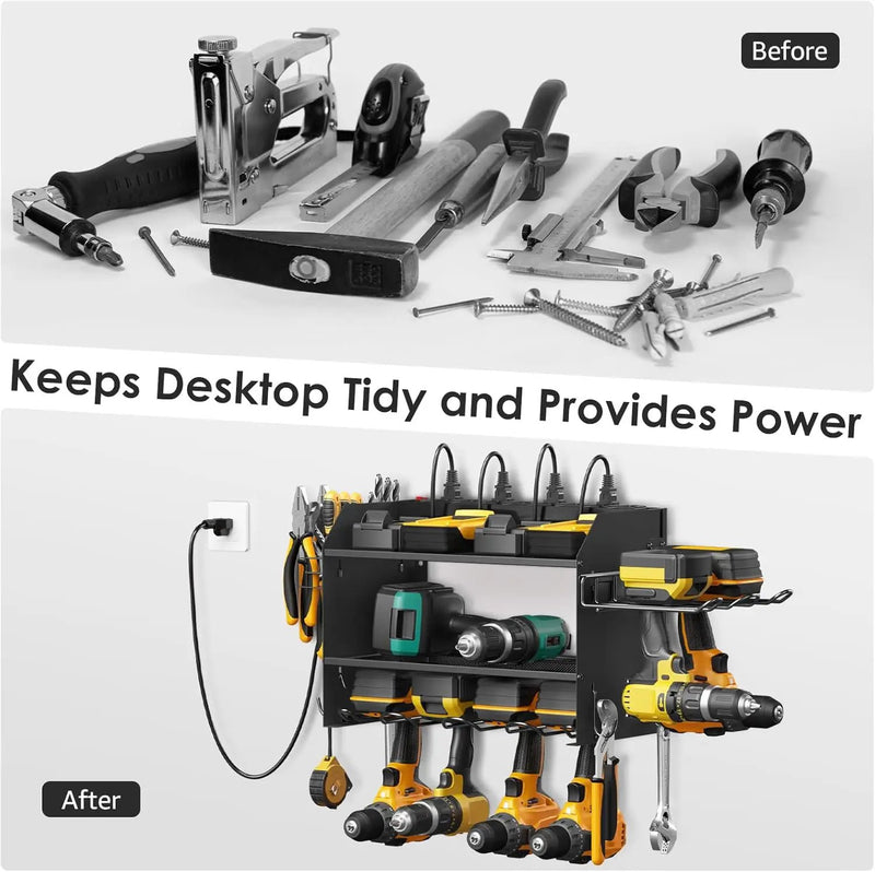 CCCEI Modular Power Tool Organizer Wall Mount Charging Station, Black 6 Drills Holder with 8 Plug Power Strip, Garage Drill Battery Heavy Duty Metal Shelf, Utility Rack with Hooks, Side Storage. by GreenHaven Gardens