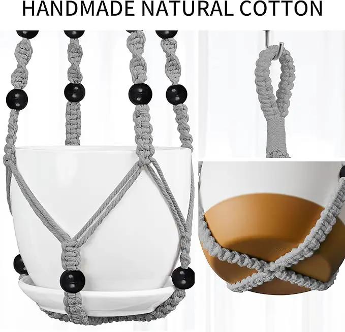 3 Pack Macrame Plant Hanger - 43"/35"/29" Different Sizes, Hanging Planter Basket Flower Pot Holder for Indoor Outdoor, with Wood Beads, Boho Home Decor, Gray (POTS NOT Included) by GreenHaven Gardens