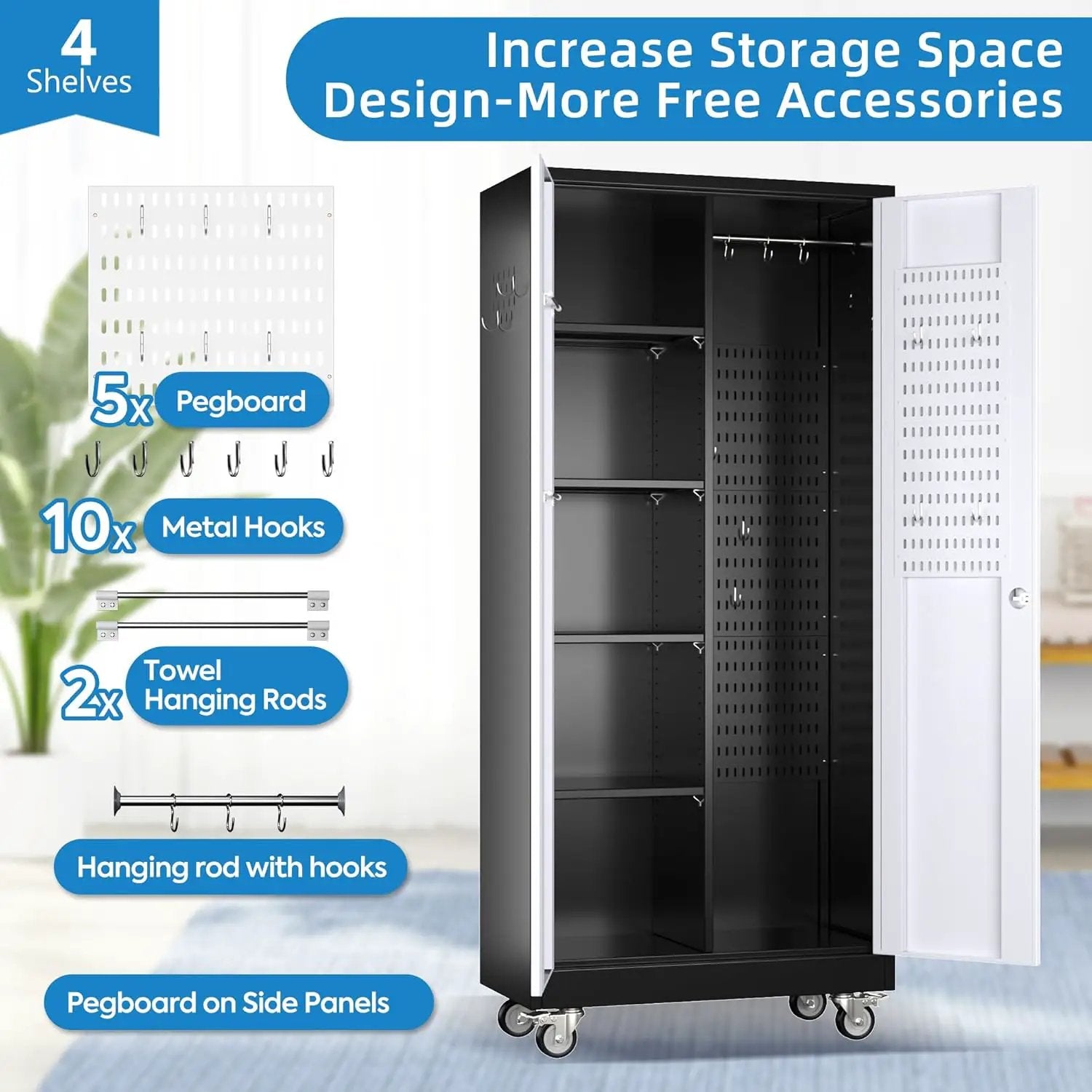 Broom Closet Storage Cabinet with Hanging Rod, 71" H Metal Garage Storage Cabinet with Wheels and 4 Adjustable Shelves, Locking Broom Closet with 13 Hooks for Garage, Bathroom, Home by GreenHaven Gardens