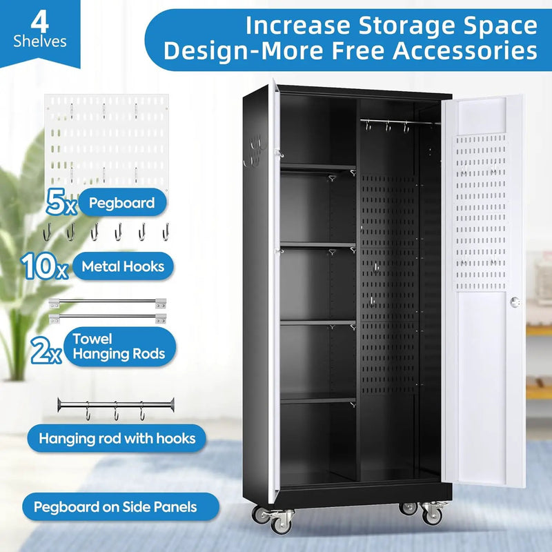Broom Closet Storage Cabinet with Hanging Rod, 71" H Metal Garage Storage Cabinet with Wheels and 4 Adjustable Shelves, Locking Broom Closet with 13 Hooks for Garage, Bathroom, Home by GreenHaven Gardens