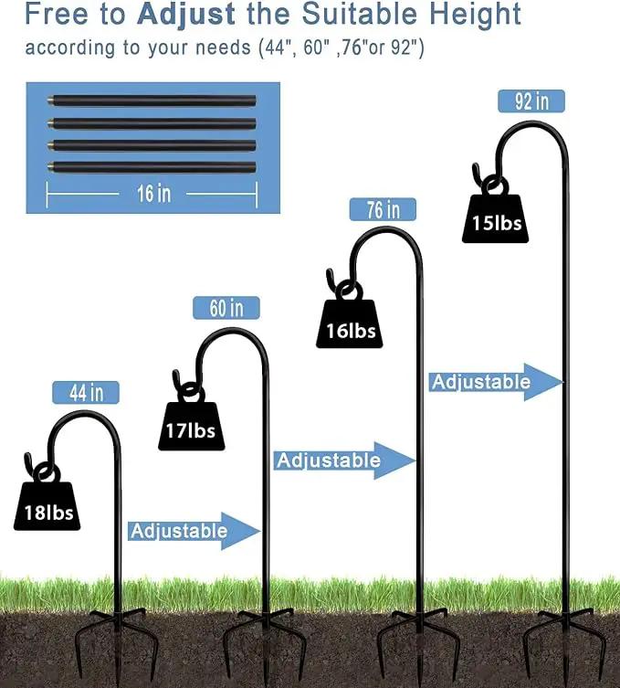 92 Inch Outdoor Shepherd Hooks with 5 Pronger Base (2 Packs), Adjustable Heavy Duty Garden Hanging Stand Holder for Bird Feeders Lanterns Planter Hanger, Matte Black by GreenHaven Gardens
