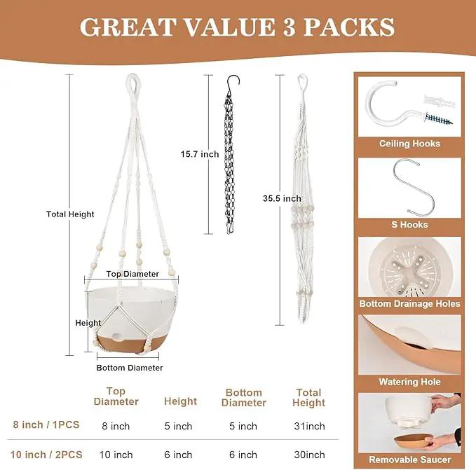 3 Pack Hanging Planters for Indoor Plants, 10 + 10 + 8 Inch Self-Watering Hanging Plant Pot, Macrame Plant Hanger with Pot, Ceiling Hooks, Removable Saucer and Drainage Holes for Garden Home - White by GreenHaven Gardens