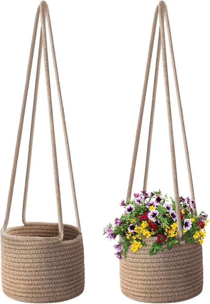 Flexzion Hanging Plant Basket (2 Pack) Cotton Rope Basket Indoor Planter Hanger (up to 7 Inch Flower Pot) Macrame Woven Organizer Bin Home Decor Storage Organizer 20" Hanging Rope, Brown by GreenHaven Gardens