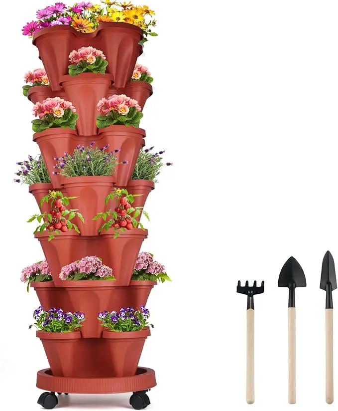 DUNCHATY Stackable Planters 7 Tier Vertical Garden Planting Tower Planters Strawberry, Herb, Flower, and Vegetable Planter Indoor Outdoor Gardening Pots with Removable Wheels and Tools by GreenHaven Gardens