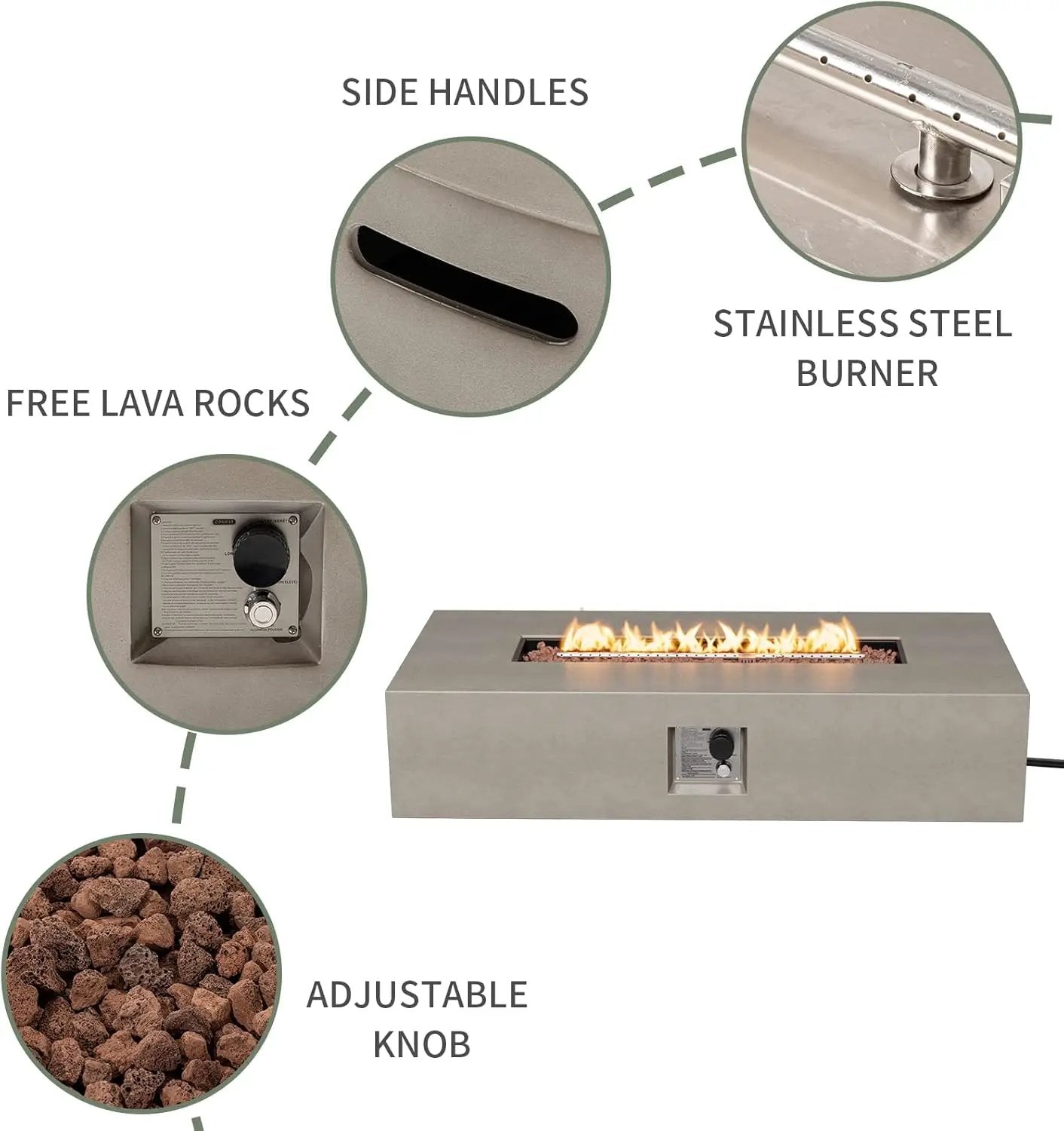 COSIEST 56-inch x 28-inch Outdoor Propane Fire Pit Coffee Table w Concrete Rectangle Base, CSA Certified, 50,000 BTU, Free Lava Rocks and RainCover, Fits 20lb Tank Outside(Gray) by GreenHaven Gardens