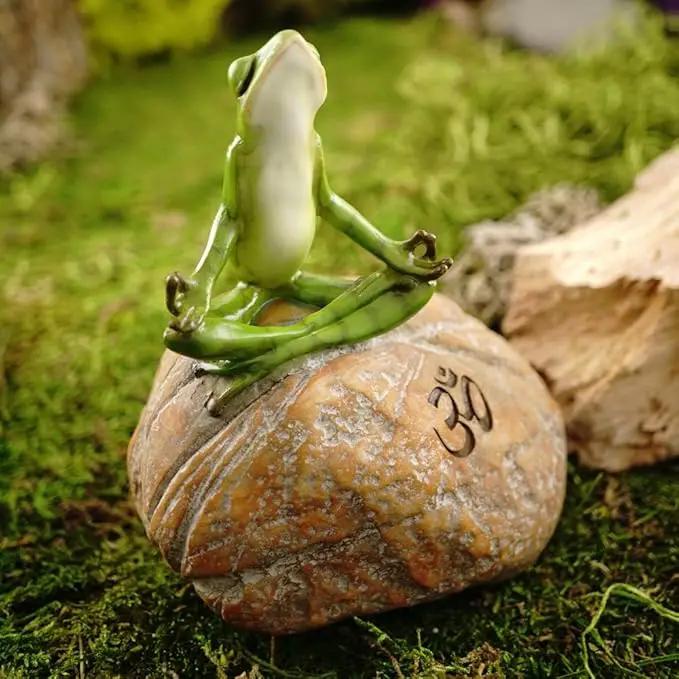 Top Collection Miniature Fairy Garden and Terrarium Statue, Meditating Frog on Rock with Om Symbol by GreenHaven Gardens