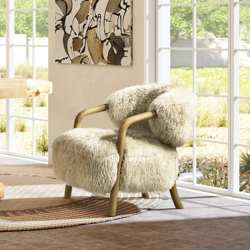 Becker - Rustic Oak Sheepskin Upholstered Accent Arm Chair - Taupe Beige by Unique Piece Furniture