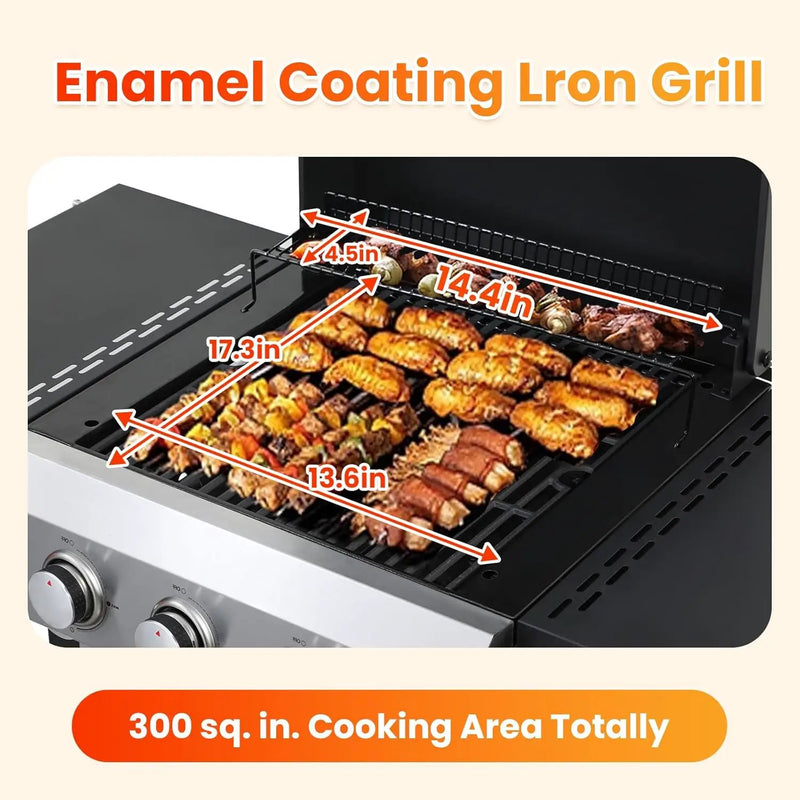2-Burner Propane Gas BBQ Grill with Porcelain-Enameled Cast Iron Grates, Baking Sheet, 2 Foldable Side Tables, 24,600 BTU Stainless Steel Grill for Outdoor Camping Barbecue Grilling Backyard Cooking by GreenHaven Gardens