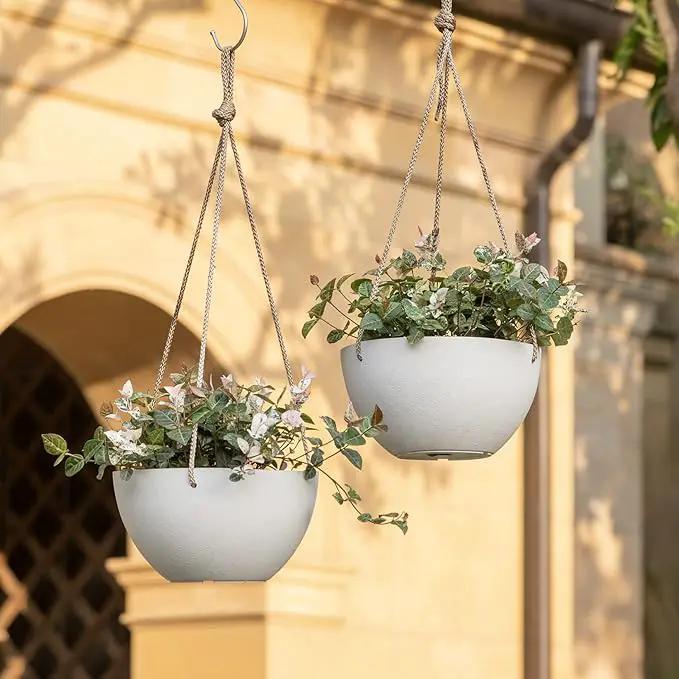 La Jolie Muse White Hanging Planter Basket - 8 Inch Indoor Outdoor Flower Pots, Plant Containers W/ Drainage Hole, Plant Pot for Hanging Plants, Pack 2 by GreenHaven Gardens
