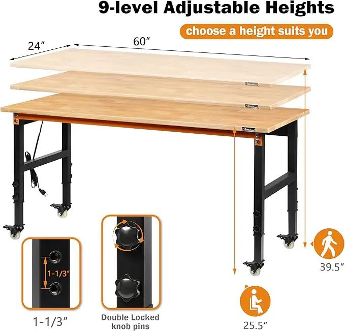 60" Adjustable Workbench for Garage, Rubber Wood Heavy Duty Workstation with Power Outlets & Wheels, 2000 LBS Load Capacity Hardwood Worktable for Workshop, Garage, Office, Home, Commercial by GreenHaven Gardens
