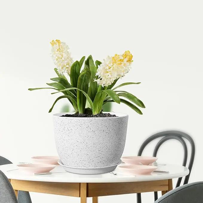 Plant Pots 12 inch, Plastic Planters with Drainage Holes and Saucers, Large Flower Pots for Indoor Outdoor Plants, Modern Decorative Pots for Garden House Plants, Speckled White by GreenHaven Gardens