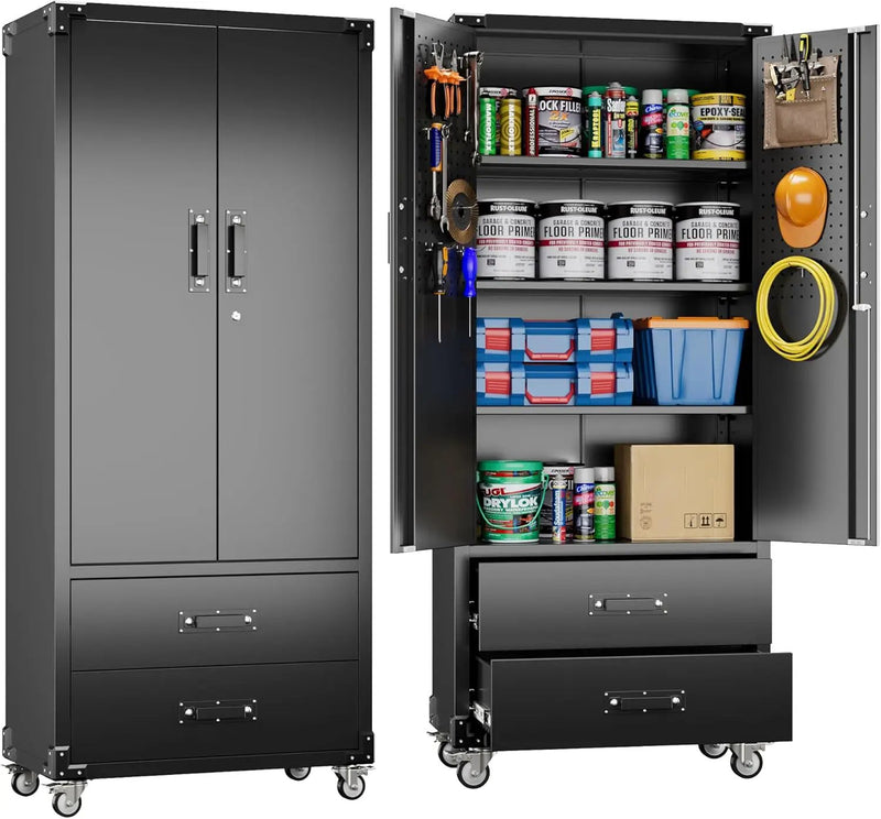 Upgraded Metal Garage Storage Cabinet with Wheels and 2 Drawers, Rolling Tool Cabinet with 3 Shelves and Pegboard Behind The Door for Home Office Garage,Assembly Required,Black by GreenHaven Gardens