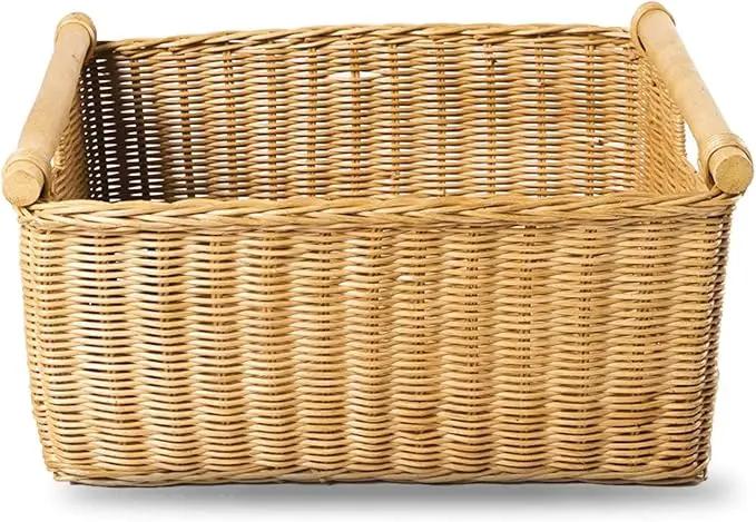 The Basket Lady Pole Handle Wicker Storage Basket, Large, 18 in L x 14.5 in W x 9 in H, Sandstone by GreenHaven Gardens