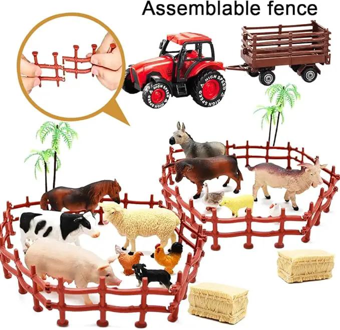3 Pack Farm Toy Tractor with 40pcs Plastic Animals Figurines and Fence Playset, Farm Figures Farmer Vehicle Toy Truck with Trailer for 3-12 Years Old Kids Boys Girls Toddlers by GreenHaven Gardens