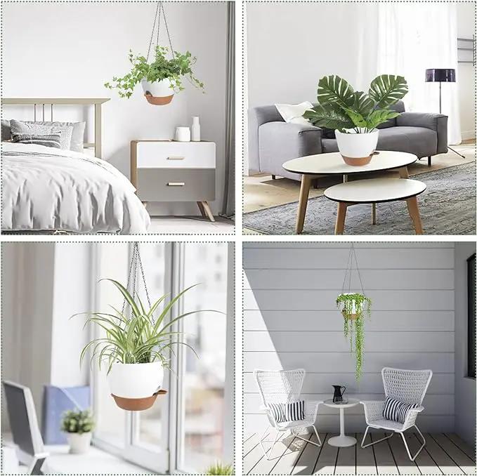 Hanging Planters for Indoor Outdoor Plants, 2 Pack Self Watering Hanging Pot with Drainage Holes & Removable Tray (White, 10'') by GreenHaven Gardens