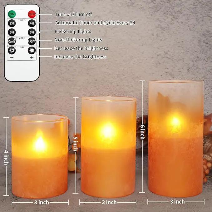Orange Flameless Candles - Battery Operated Candles with Remote Orange Glass Sandblasted Design Wax Unscented - Centerpieces for Dinner Table Tray House Warming Thanksgiving Gifts by GreenHaven Gardens