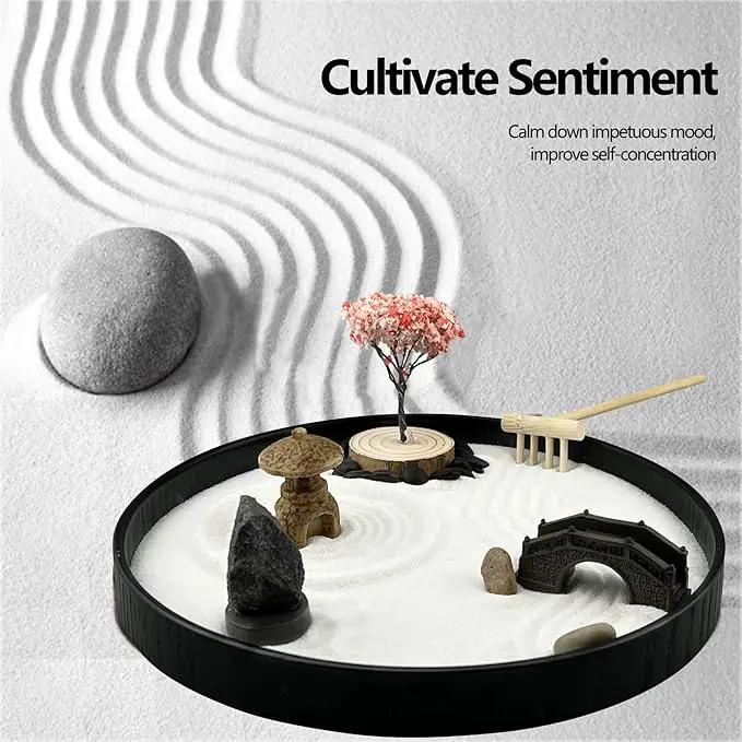 Zen Garden for Desk Japanese Zen Garden Kit 8 Inch Large Round with 6 Sand Rake and Accessories Tray Mini Desktop Zen Decor for Home Office Gift Therapy Relaxation Meditation by GreenHaven Gardens