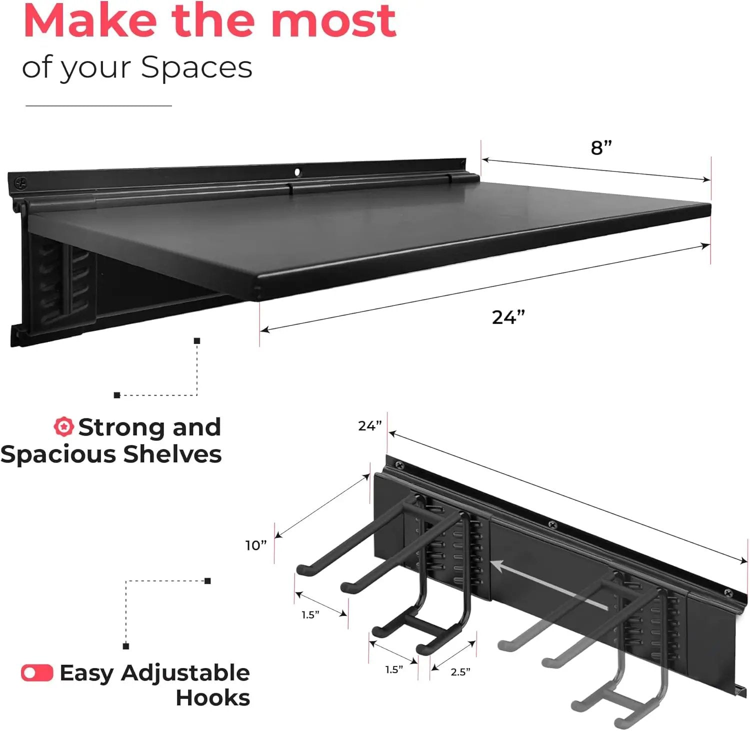Heavy-Duty Garage Wall Storage System | Wall Mounted Tool Organizer Rack with Shelving | 12-Piece Mounting Kit | 6x10” Double-Layered Hooks & 2x24” Floating Utility Shelves by GreenHaven Gardens