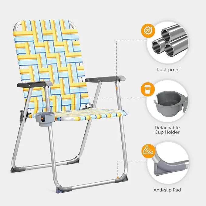 VINGLI Aluminum Patio Lawn Chairs Folding Set of 2 with Detachable Cup Holder, Webbed Beach Chair Folding Chair Outdoor Portable Camping Chair for Yard, Garden by GreenHaven Gardens