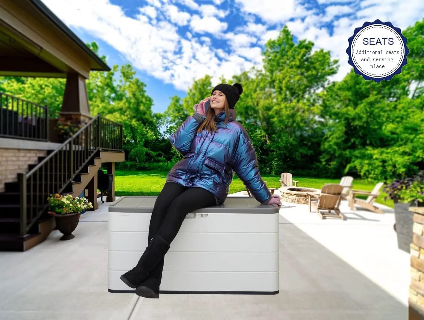 100 GAL Resin Deck Box - Lockable Waterproof Outdoor Storage Bench for Patio Cushions, Garden Tools & Pool Accessories - Wood-Look Texture, White by GreenHaven Gardens