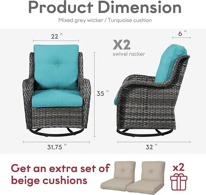 Outdoor Swivel Rocker Wicker Chairs Set of 3, High Back Swivel Patio Chairs Wicker Furniture Set, 2 PCS Rattan Swivel Rocking Chair with Side Table, Turquoise by GreenHaven Gardens