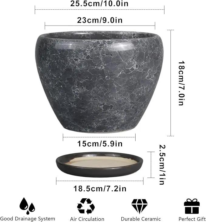 Ceramic Planters for Indoor Plants - 10 Inch Plant Pot with Drainage Hole and Saucer, Large Flower Pot for Home Decor, Gray by GreenHaven Gardens