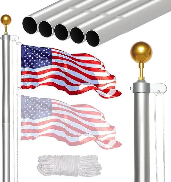 NELXINJO 20FT Sectional Flag Pole Kit, Heavy Duty Aluminum Outdoor In-Ground Flagpole, Gold Ball Top, 3x5 USA Flag for Residential commercial Outdoor Garden(20FT, Silver) by GreenHaven Gardens
