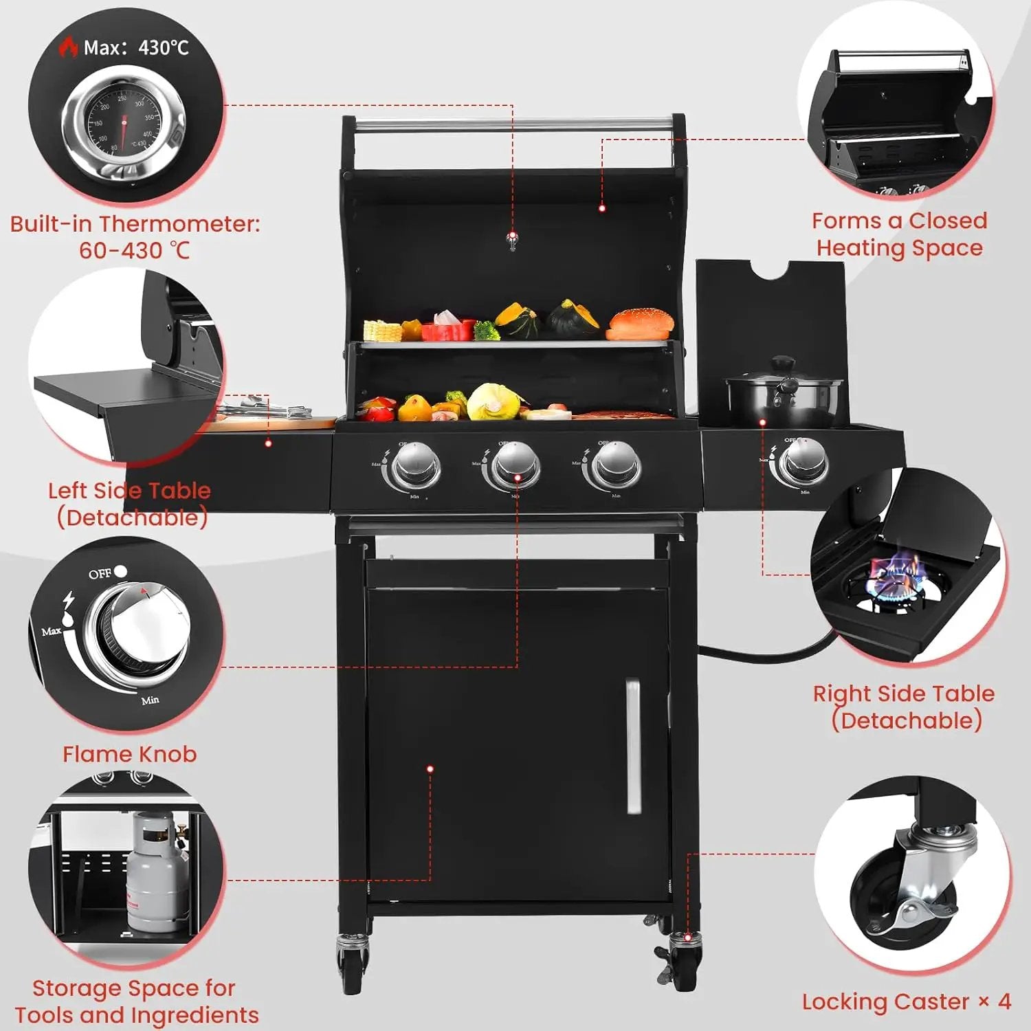 Q042-3-Burner w/Side Burner Gas Grill with 241 SQ.IN. Outdoor Grill with 36,000 BTU,Propane Grills with Top Cover Lid,Grills Outdoor Cooking for Patios,Balcony,Camping,Garden by GreenHaven Gardens