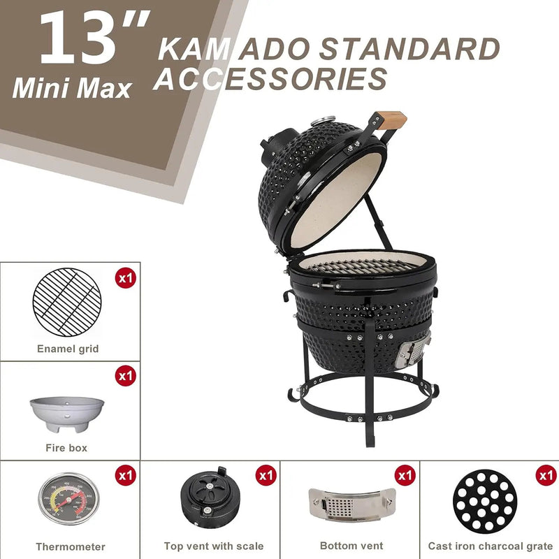 13" Round Ceramic Kamado Charcoal Grill - Heavy-Duty Black Outdoor BBQ Smoker with Heat Retention, Portable Egg Design for Grilling, Smoking, Baking & Roasting (Includes Ash Tool) by GreenHaven Gardens