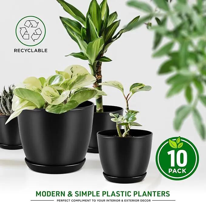 Plant Pots with Multi Drainage Holes - 10 Pieces Versatile, Sturdy Plastic, Stackable Design Home Decor Flower Pots for Indoor and Outdoor Gardening - Black by GreenHaven Gardens