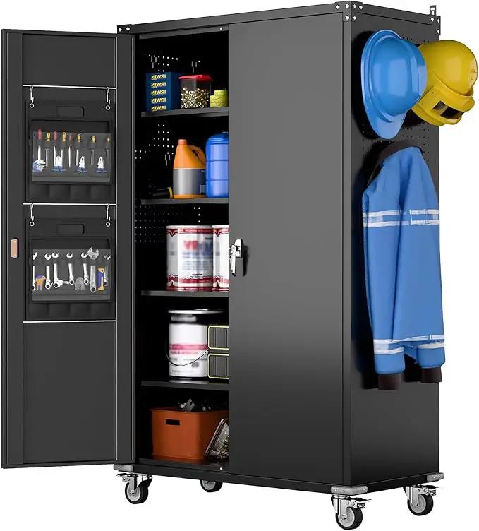Upgraded Wide & Deep Extra Large Metal Storage Cabinet on Wheels,Lockable Garage Cabinets with 3 Pegboards,2 Tool Pouches for Garage,Office,Assembly Required,Black,43.3''W x 21.6''D x 72''H by GreenHaven Gardens