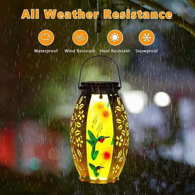 Hummingbird Solar Lanterns Outdoor Waterproof,Stained Glass & Metal Solar Lantern,Hanging Solar Lantern with Hollowed-Out Design,Hummingbird Tabletop Lamp Solar Lights for Yard Garden Patio by GreenHaven Gardens