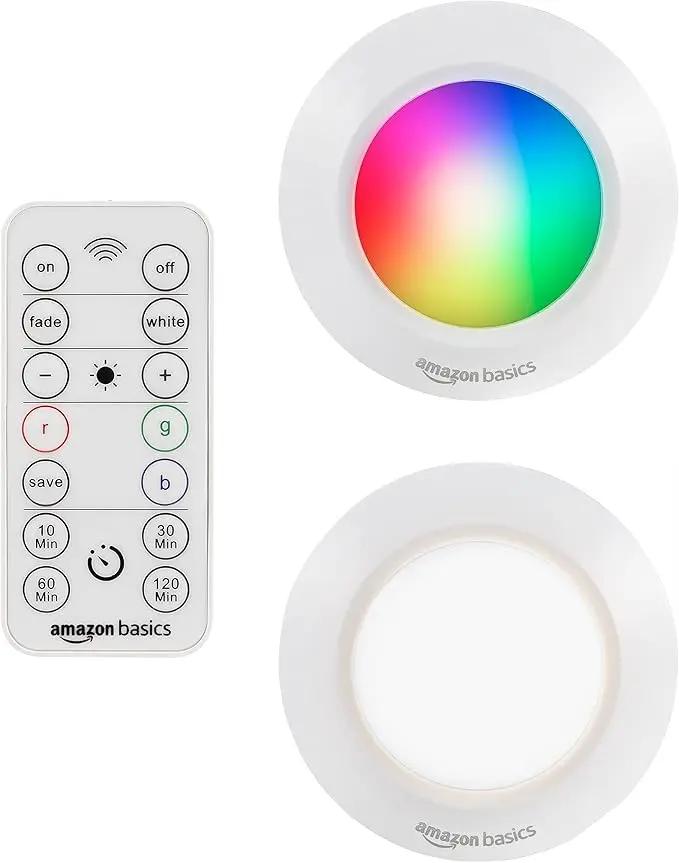 Amazon Basics LED Puck Lights, Color Changing, Battery Operated, IR Remote, 40 Lumens, 2 Pack, Wireless Stick on Lights, Under Cabinet Lighting, Ideal for Closets, and More, White by GreenHaven Gardens