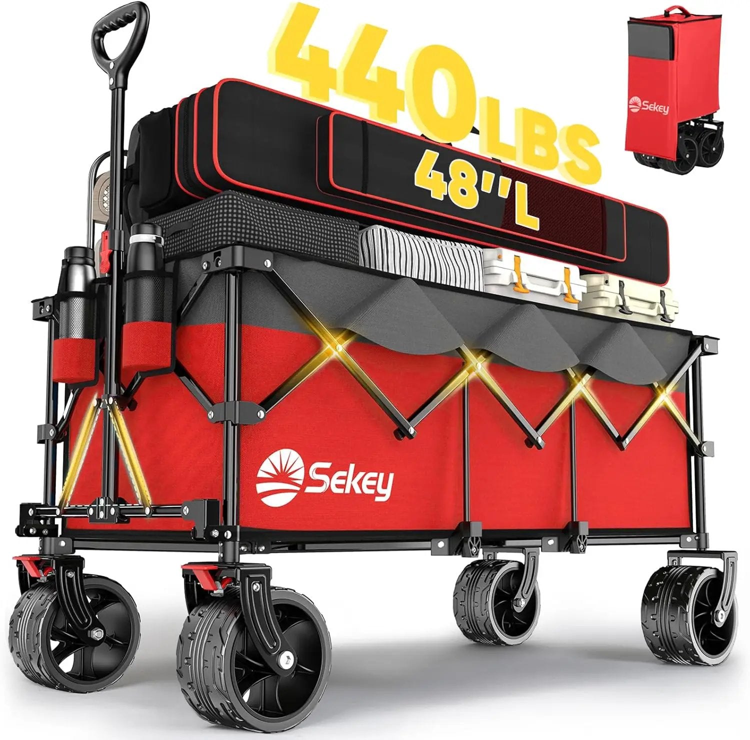 Sekey 48''L Collapsible Foldable Extended Wagon with 440lbs Weight Capacity, Heavy Duty 300L Folding Utility Garden Cart with Big All-Terrain Beach Wheels & Drink Holders. Red&Grey by GreenHaven Gardens