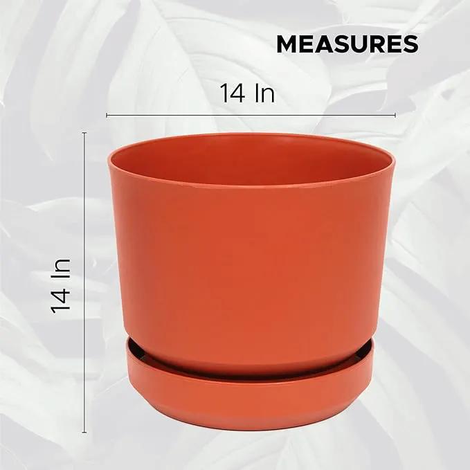 Elly Décor 14 inch Plastic Cylinder Planter Pot with Self-Watering Saucer and Drainage Hole,Lightweight & Extremely Durable, 14"x 14", Terracotta by GreenHaven Gardens