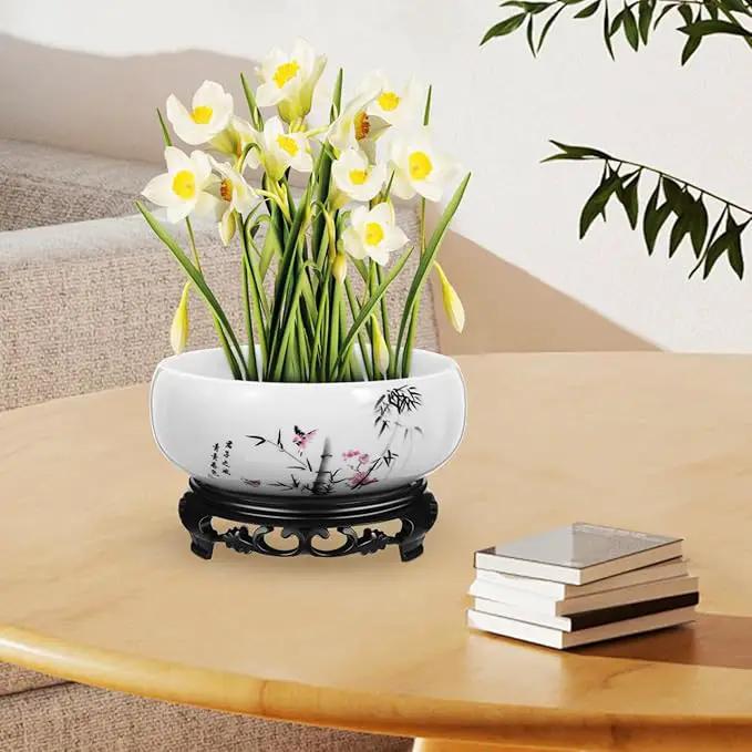 Ceramic Chinese Pot with Base Hydroponic Pot White Water Lily Bowl Ceramic Planter for Home Office Garden 7 Inch by GreenHaven Gardens