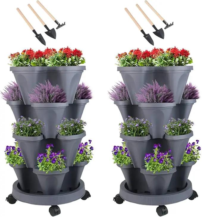 Vertical Planter 4 Tier Stackable Planters Garden Planters Strawberry Herb Flower and Vegetable Planter Indoor Outdoor Gardening Pots with Removable Wheels and Tools by GreenHaven Gardens