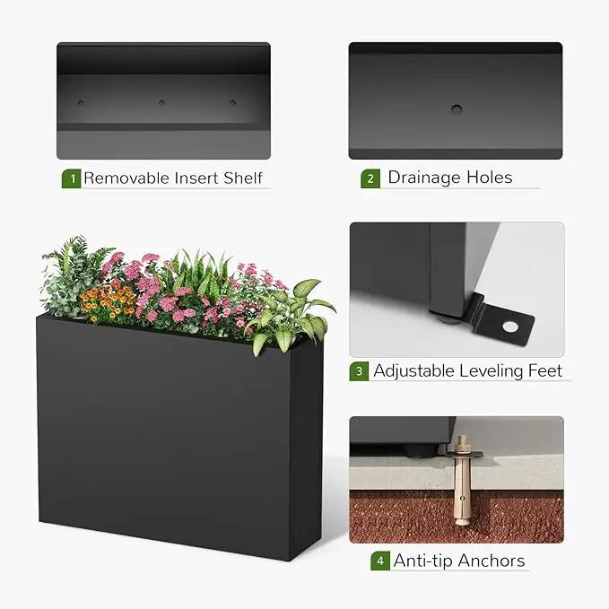Stoog 38" Metal Tall Rectangular Planters Set of 2 - All-Weather Planter Box for Indoor/Outdoor Use, with Removable Insert Shelf, for Plants, Flowers, Garden, Black by GreenHaven Gardens