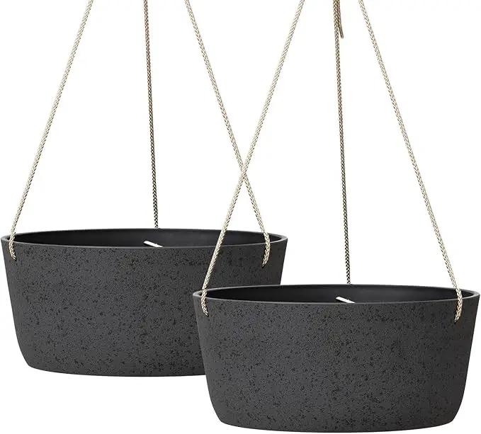 La Jolie Maison Large Hanging Planters - 12 Inch Outdoor Flower Pots, Hanging Garden Planters Set of 2, Black Charcoal by GreenHaven Gardens