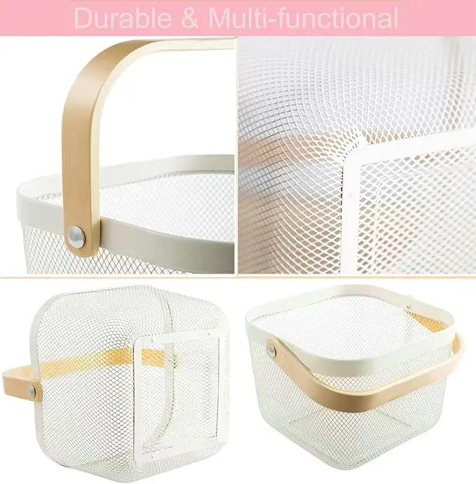 Metal Mesh Steel Basket, Storage Organizer Basket Multi-functional Hanging Kitchen Baskets Fruit Basket Bin with Bamboo Handle for Kitchen Bathroom Picnic Shopping Decor Cabinet Home, Beige by GreenHaven Gardens