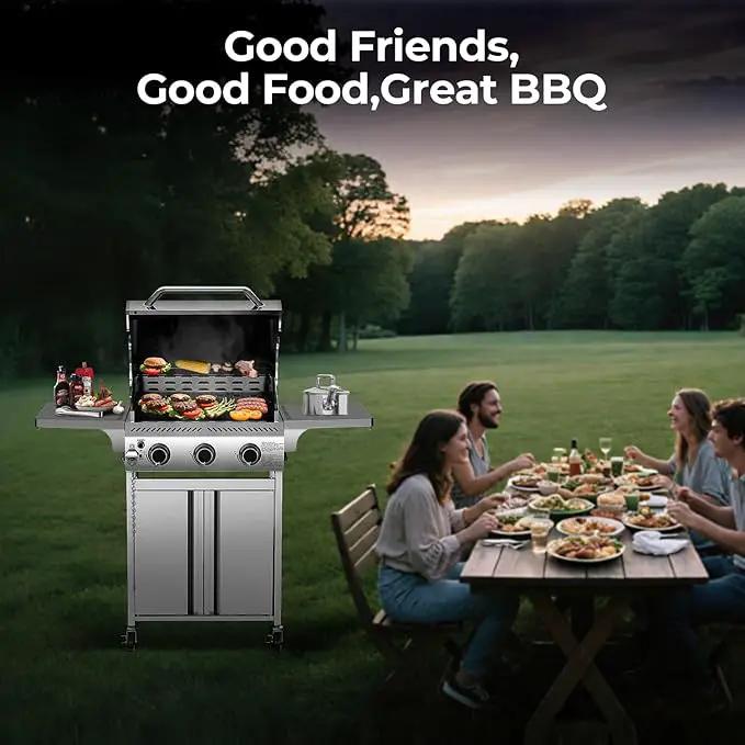 R.W.FLAME Stainless Steel Propane Gas Grill, 3 Burner 24000BTU BBQ Grills, Foldable Side Table, Enamel Wire Grate, Removable Grease Tray, Barbecue Grill for Outdoor Cooking, Backyard, Patio, Deck by GreenHaven Gardens