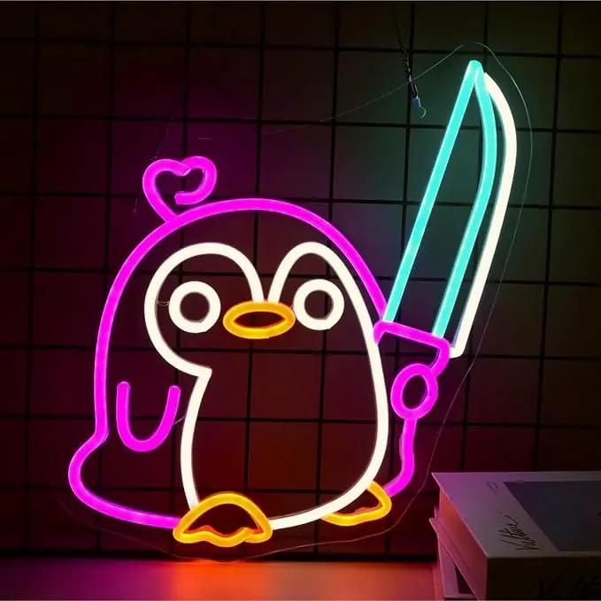 Penguin Neon Sign Dimmable Penguin Knife Neon Signs for Wall Decor LED USB Powered Cute Anime Neon Light Sign For Boys Bedroom Room Garden Party Restaurant Home Decoration Birthday Gifts by GreenHaven Gardens