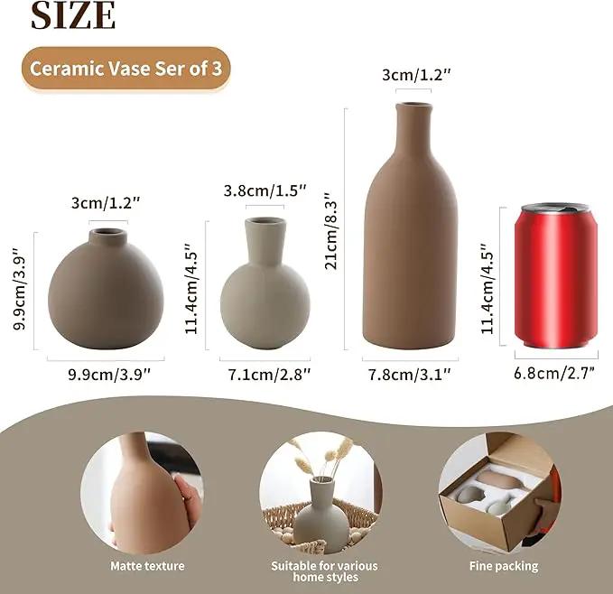 Ceramic Vase Set of 3, Vases Home Decor Rustic Farmhouse Decorative Vase Pottery Vases for Bouquet Pampas Grass Dried Fresh Flowers, Table Living Room Kitchen Bedroom Bathroom - Brown by GreenHaven Gardens