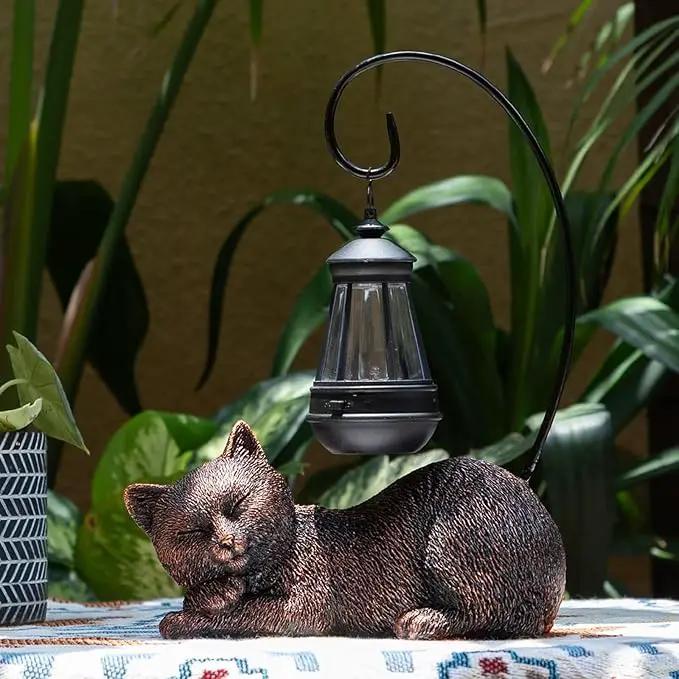 Cat Statue with Light Lantern Outdoor Garden Decor, Sleeping Cat Figurine with Solar-Powered LED Light, 13 Inches Tall Antique Bronze, Perfect for Gift Garden Decor or Housewarming for Cat Lovers by GreenHaven Gardens