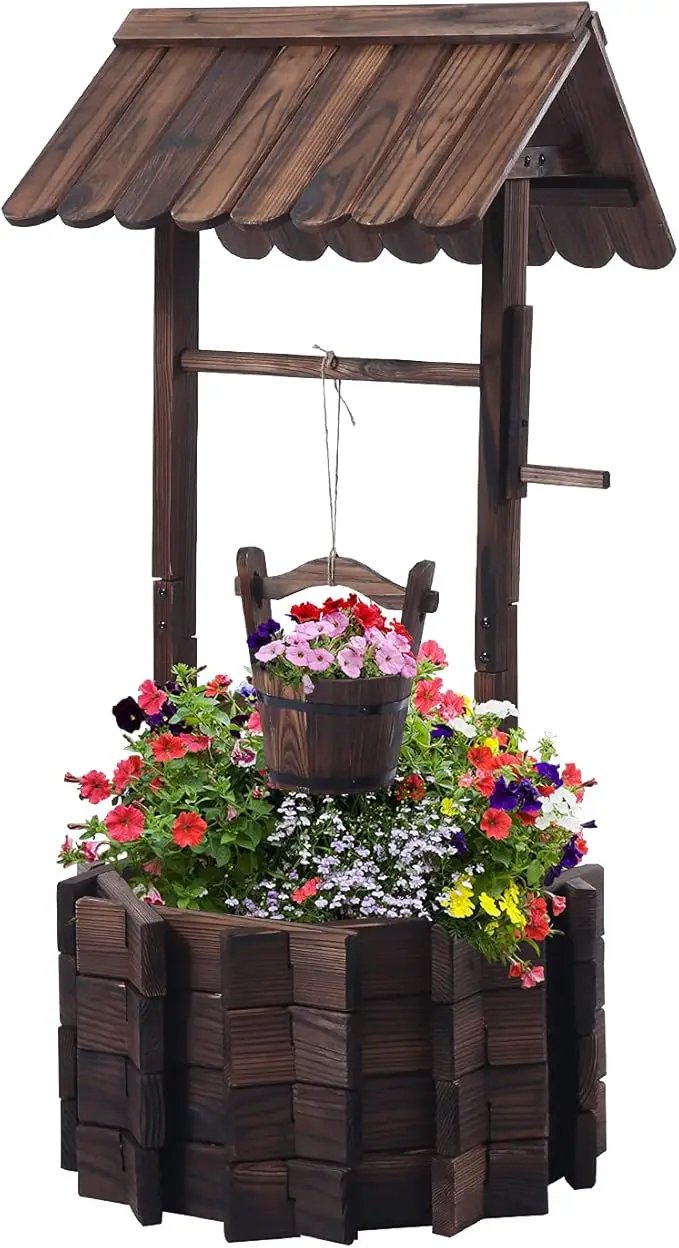Wooden Wishing Wells for Outdoors with Hanging Bucket, Wishing Well Planters Rustic Style Patio Garden Ornamental, Brown by GreenHaven Gardens