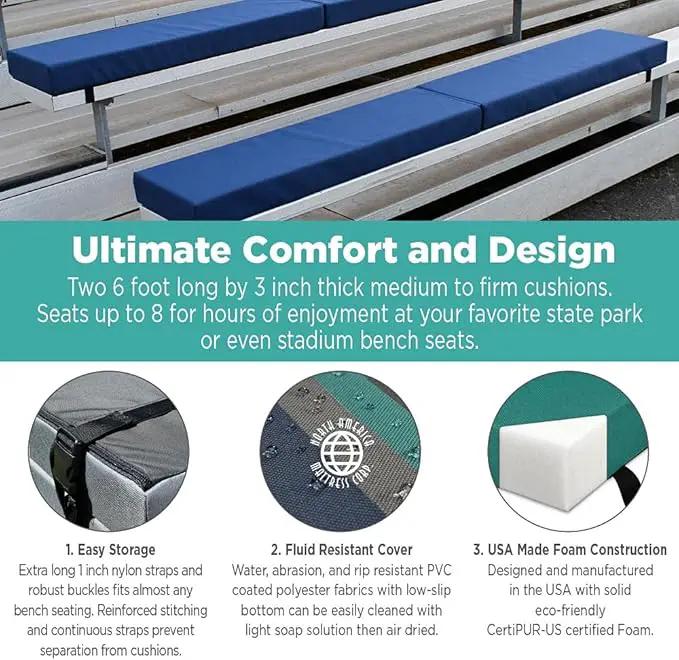 North American Mattress 6' Outdoor Picnic Bench Seat Cushion - 2 Piece Set; 72" (6ft) x 10" x 3"; Gray - Folding & Easy to Carry by GreenHaven Gardens