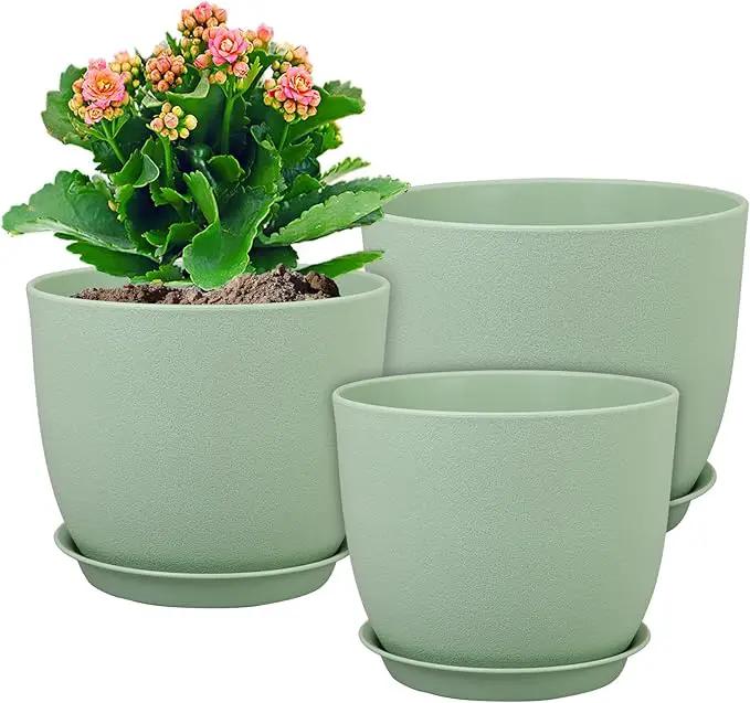 Large Plant Pots 12/10/9 inch, Set of 3 Modern Decorative Plastic Planters with Drainage Holes and Saucers, Flower Pots for Indoor Outdoor Plants, Green by GreenHaven Gardens