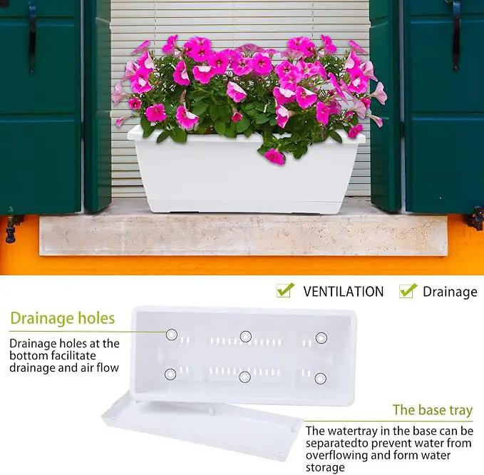 Window Box Planter, 7 Pack Plastic Vegetable Flower Planters Boxes 17 Inches Rectangular Flower Pots with Saucers for Indoor Outdoor Garden, Patio, Home Decor (White) by GreenHaven Gardens